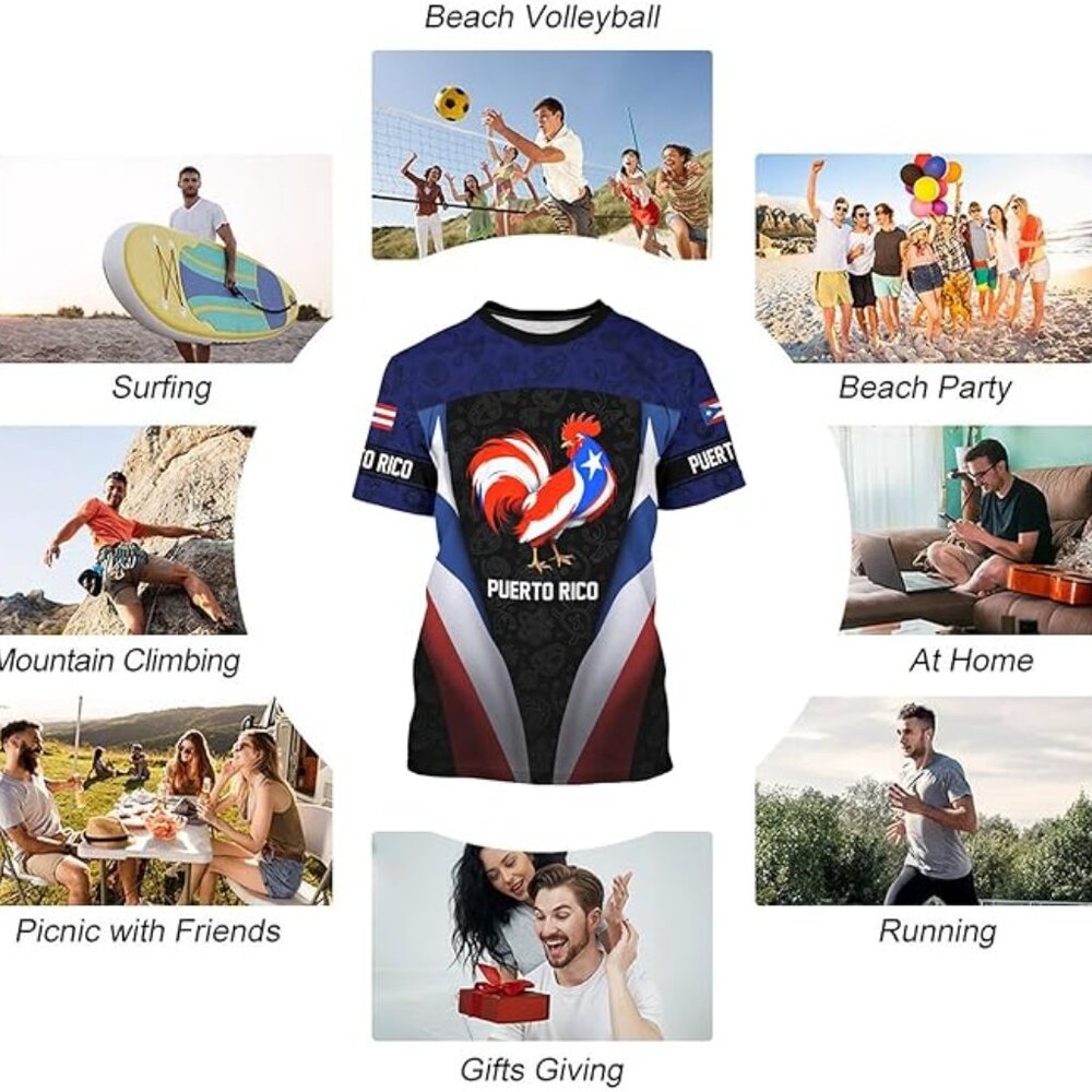 Mens Novelty Flag Puerto Rico T-Shirt 3D Printed Graphic Short Sleeve Shirt Crew - Picture 2 of 6